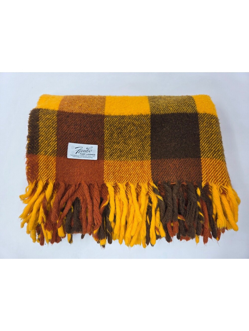 Vintage Faribo Fluff-Loomed Wool Blanket W/ Fringe 55" x 64"